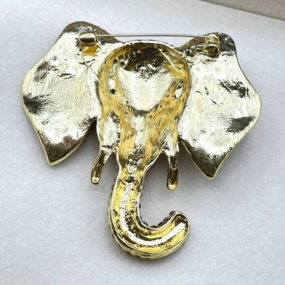 Yellow Gold with Champagne Topaz Crystal Tusked Elephant Pin Back Brooch - Picture 8 of 9